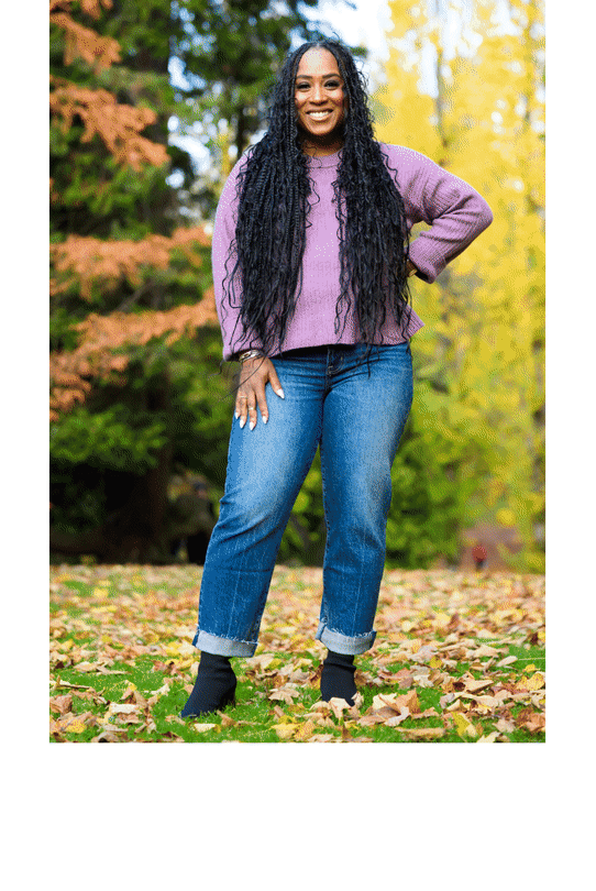 Woman wearing Stitch Fix clothing including purple sweater, medium-wash denim and black booties. Woman wearing Stitch Fix clothing including plaid blazer, navy jumpsuit and red loafers. Woman wearing Stitch Fix clothing including metallic faux-leather moto jacket, white tee and red skirt. Woman wearing Stitch Fix clothing including blue plaid maxi dress and tan cowboy boots.