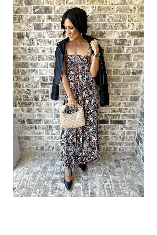 Woman wearing Stitch Fix clothing including black moto jacket and patterned maxi dress. Man wearing Stitch Fix clothing including vest, red shirt and brown shoes. Woman wearing Stitch Fix clothing including brown leather jacket and flare jeans. Man wearing Stitch Fix clothing including flannel, jeans and brown sneakers.