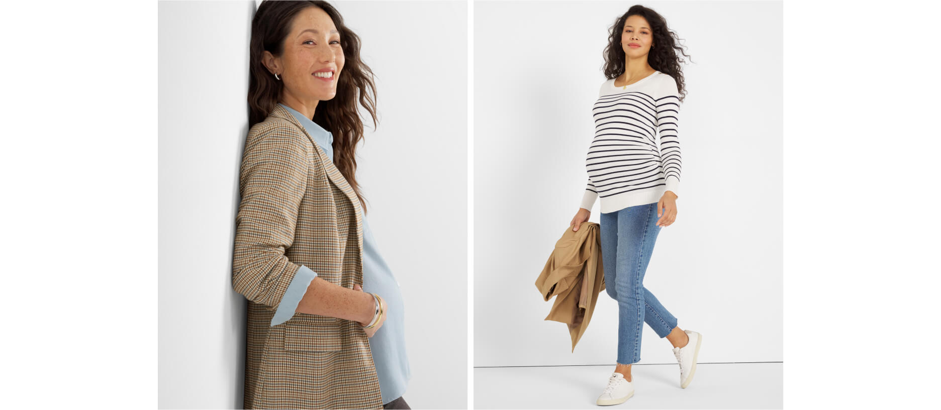 two women in stylish maternity clothing