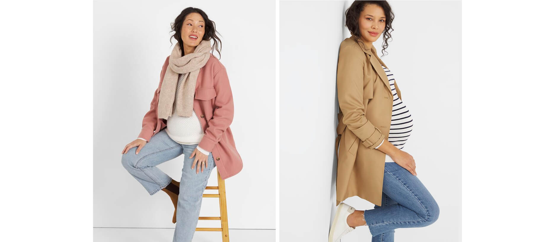 women in stylish maternity clothing including jackets, jeans, and scarves