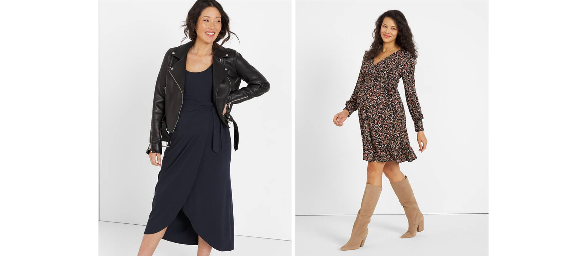 two women in stylish maternity dresses