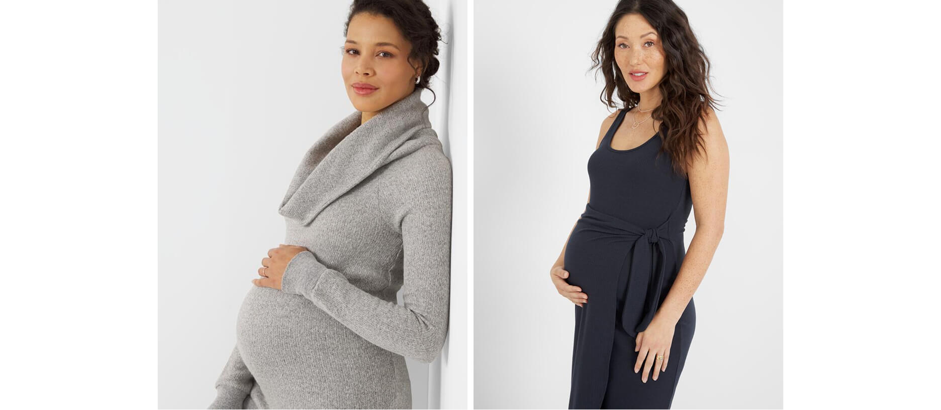 two women in maternity clothing including a maternity dress and maternity sweater dress