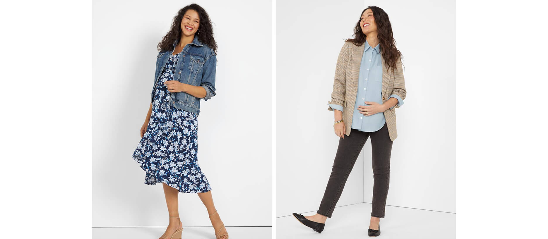 two women in maternity clothing including office wear and summer wear