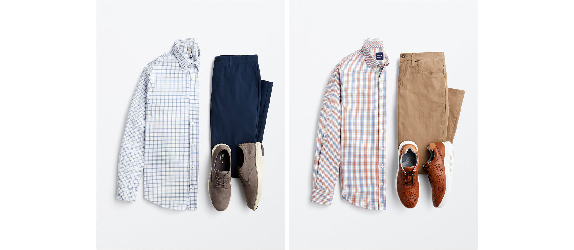 two business casual outfits for men with printed button downs