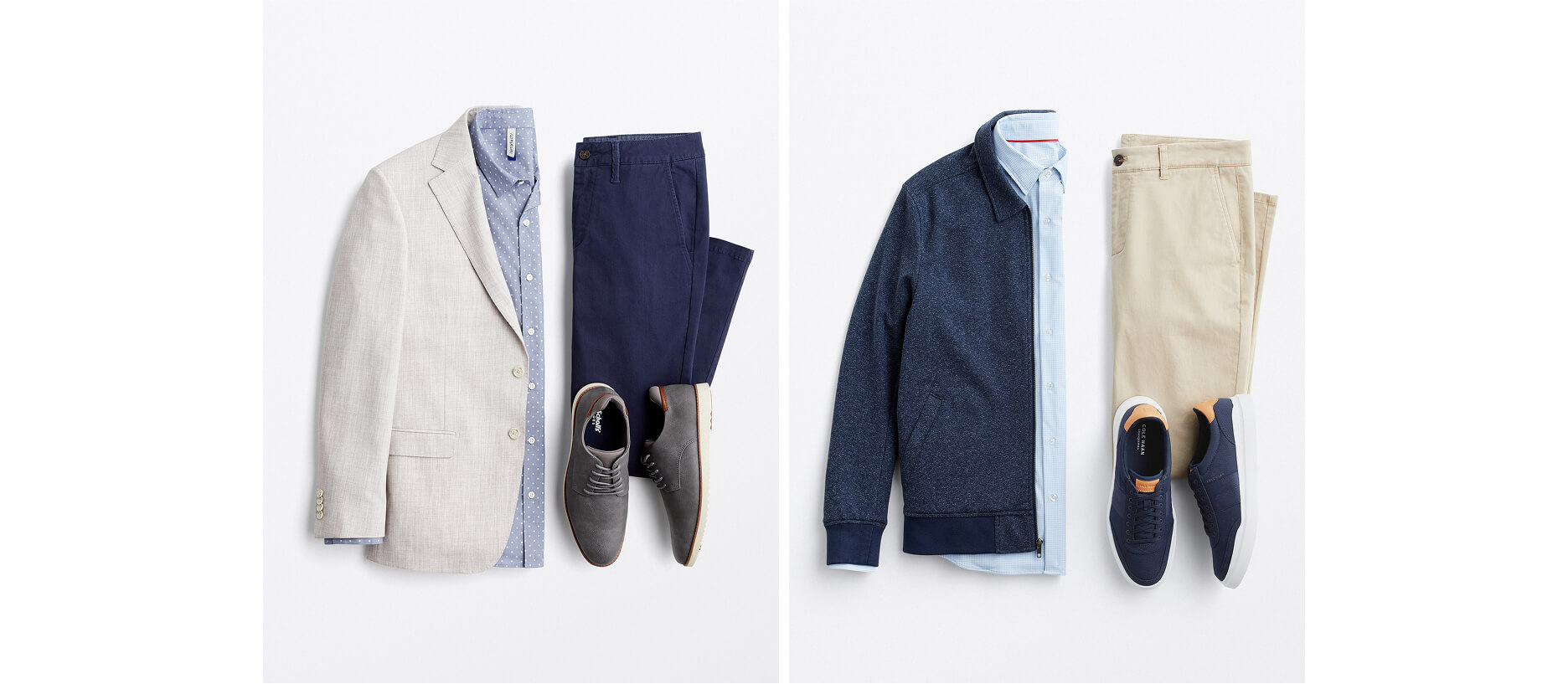 two spring business casual outfits featuring a harrington jacket and a blazer