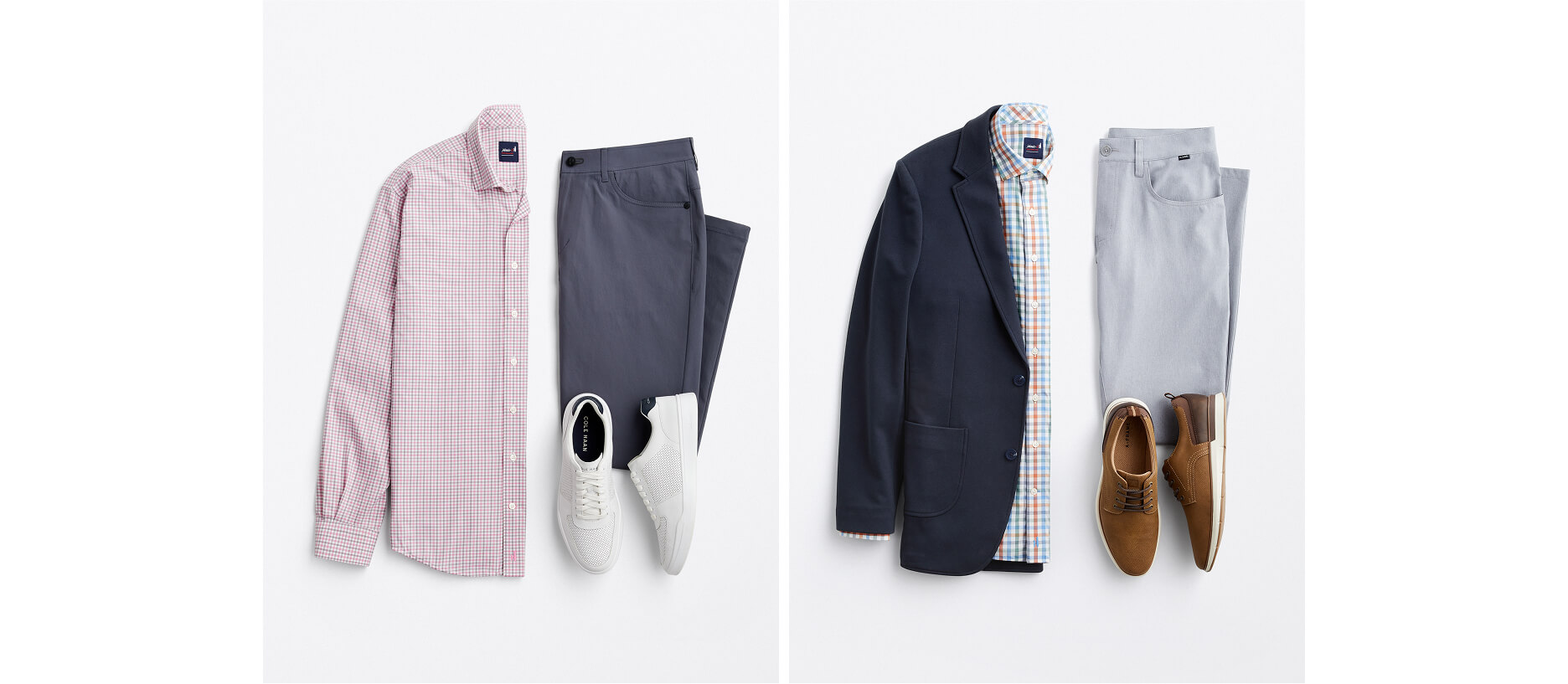 two men's business casual outfits for spring featuring commuter pants
