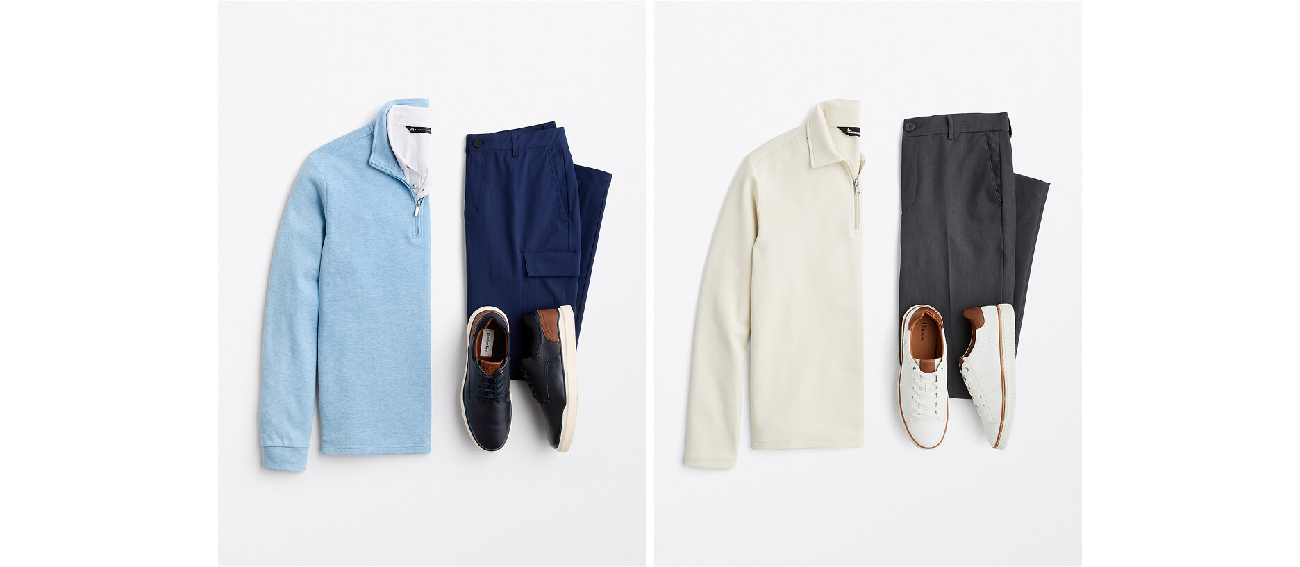two men's business casual outfits featuring quarter zip sweaters