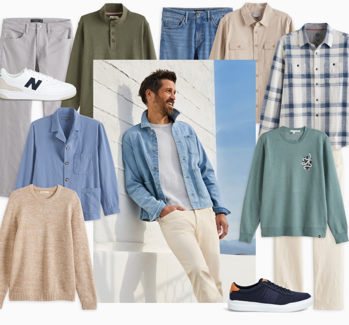 Model wearing Stitch Fix men’s clothes including chambray shirt, gray tee and beige pants.