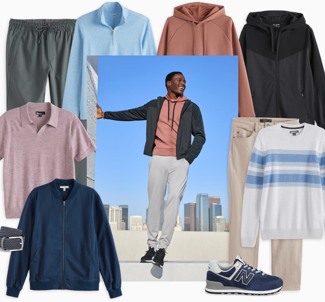 Model wearing Stitch Fix men’s clothes including red hoodie, black jacket and gray joggers.