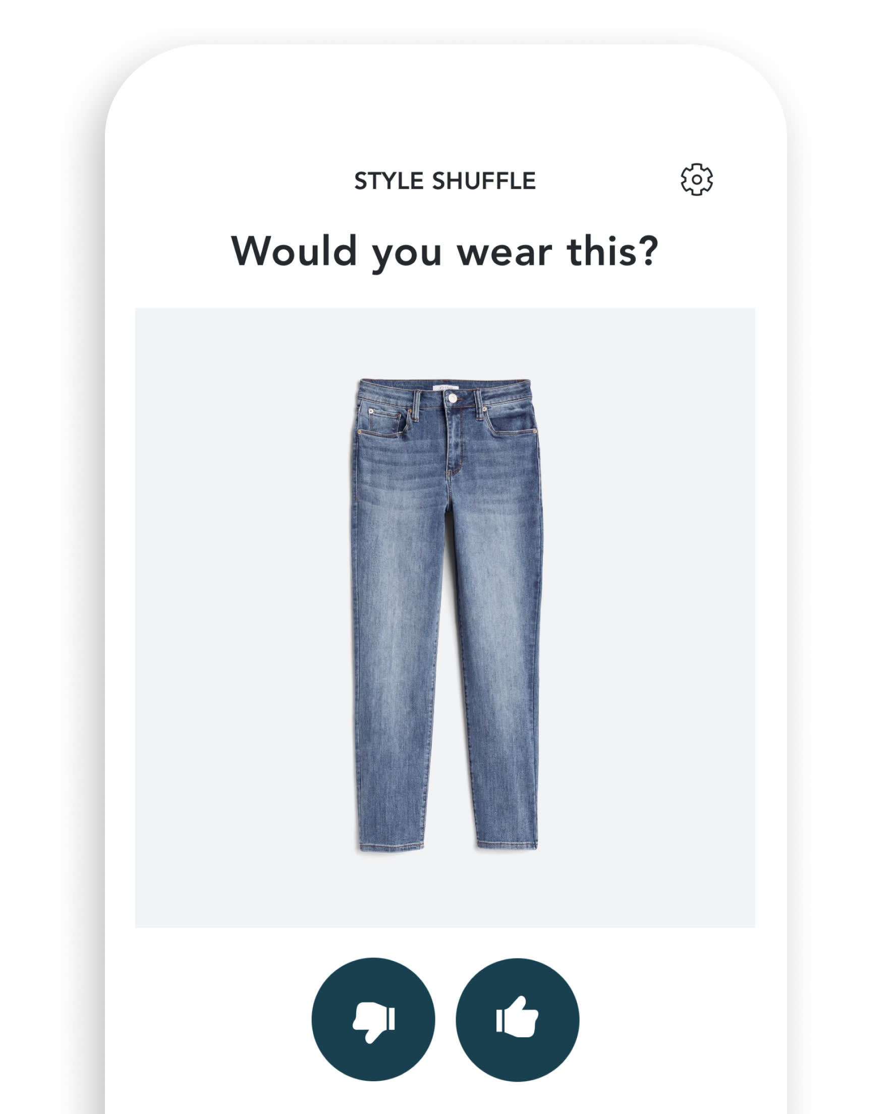 Stitch Fix app screenshot of Style Shuffle with blazer, pink blouse, jeans and tan flats, and thumbs up/ thumbs down tool. “Would you wear this?”