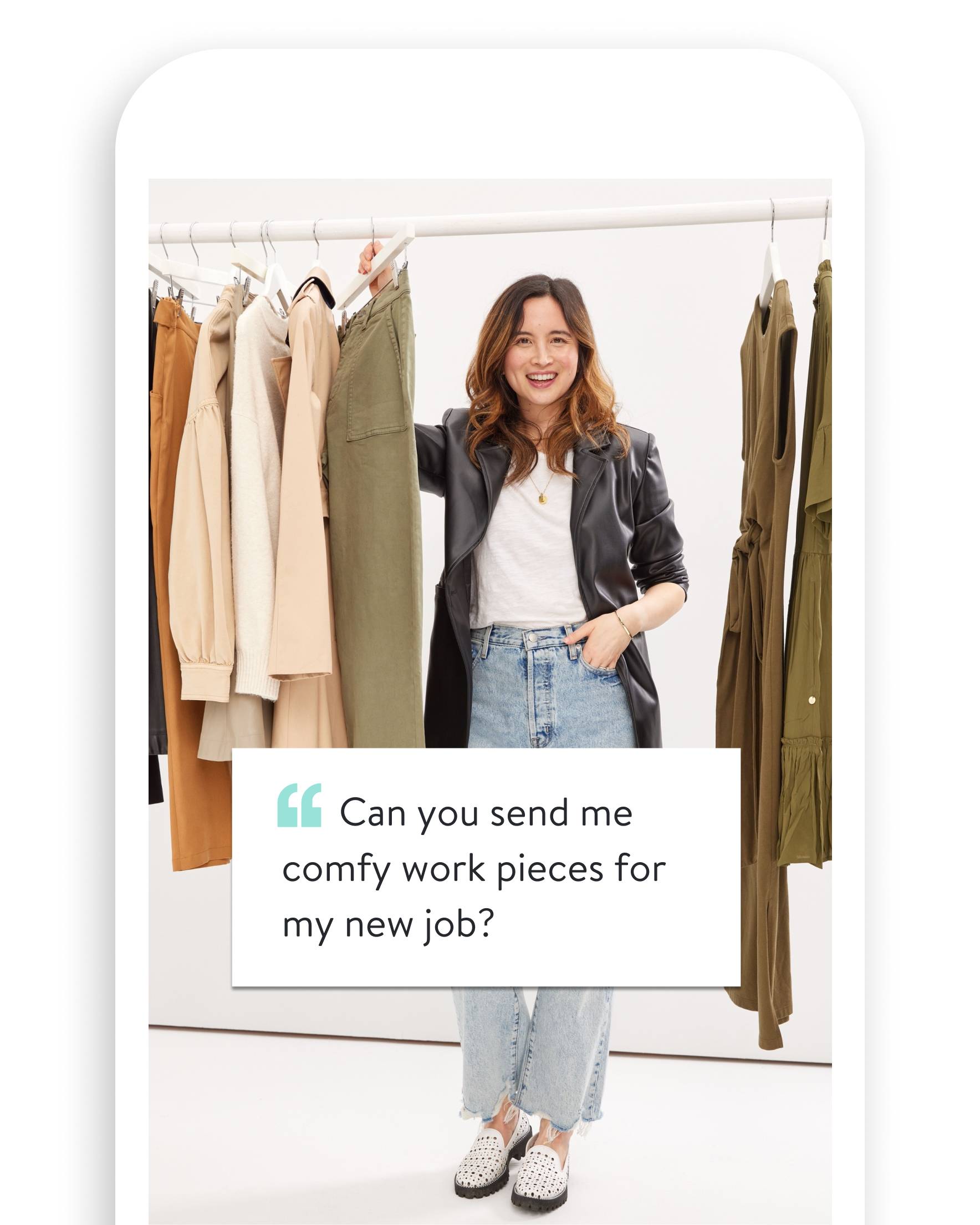 Stitch Fix app screenshot of a Stylist note and Stylist selecting items from a wardrobe with cargo pants, trench coats, and blouses. “Ca