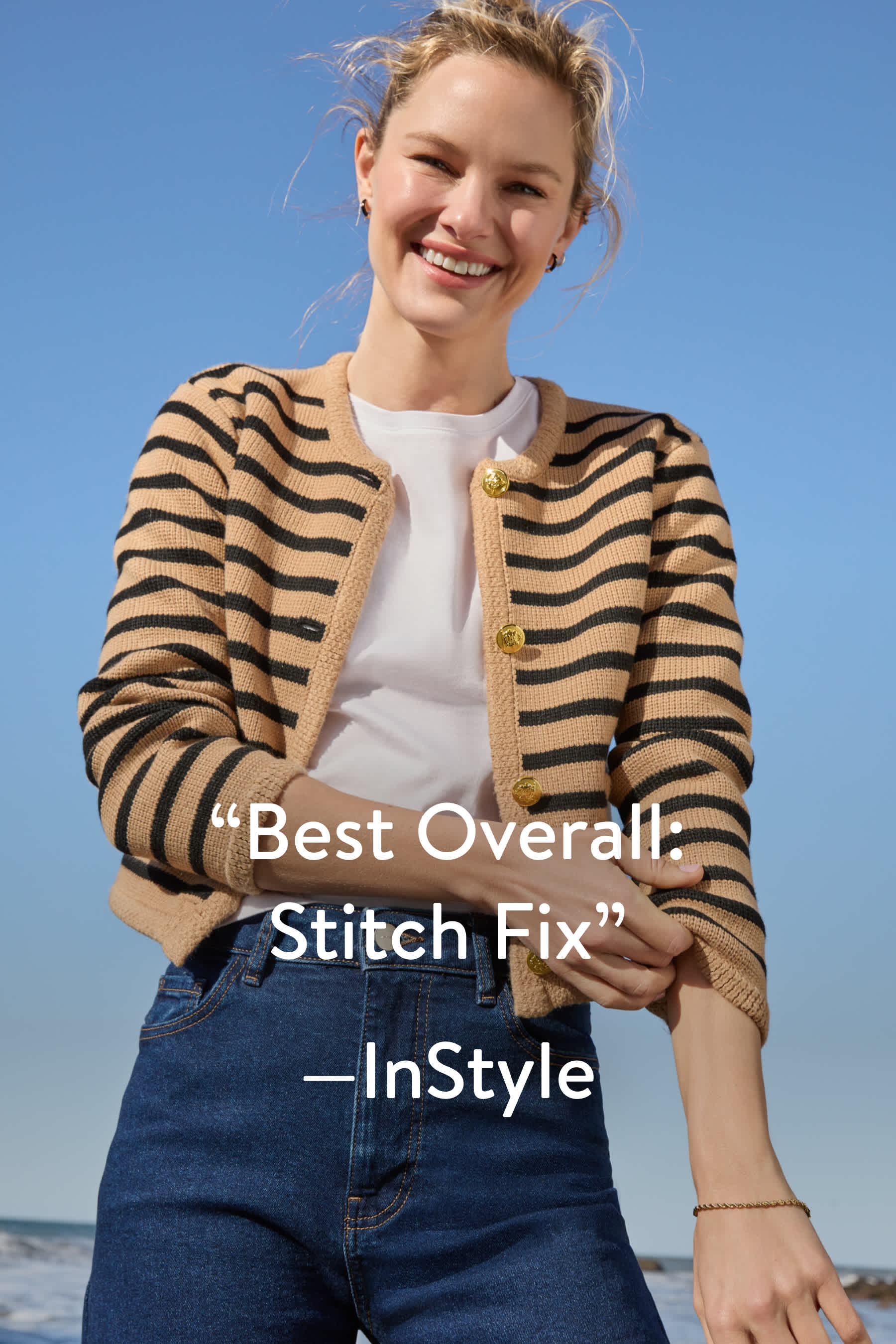“Best Overall: Stitch Fix” – InStyle. Models wearing Stitch Fix clothing including women’s blue dress, white jean jacket; kids leggings and shoes.