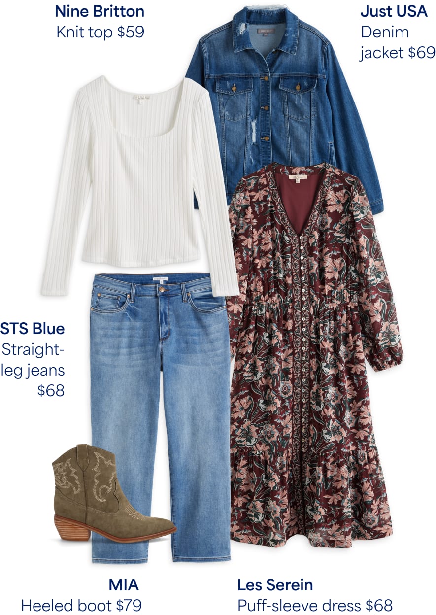 Anne's Fix: Women’s Stitch Fix clothing including Just USA denim jacket, Nine Britton knit top, Mia heeled boot, STS Blue jeans, Les Serein puff-sleeve dress.