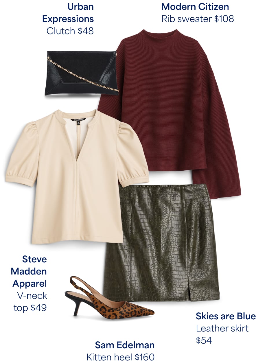 Tandya's Fix: Women’s Stitch Fix clothing including Urban Expressions clutch, Modern Citizen rib sweater, Steve Madden v-neck, Sam Edelman kitten heel, Skies are Blue leather skirt. 