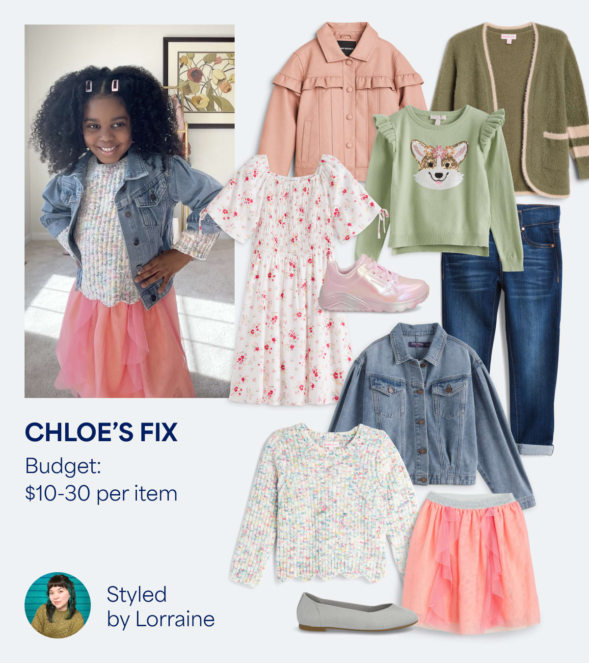 Chloe's Fix: kids Stitch Fix clothes including green cardigan, dog graphic tee, dark-wash jeans, pink sneakers, jean jacket, flats, floral shirt. Styled by Lorraine.