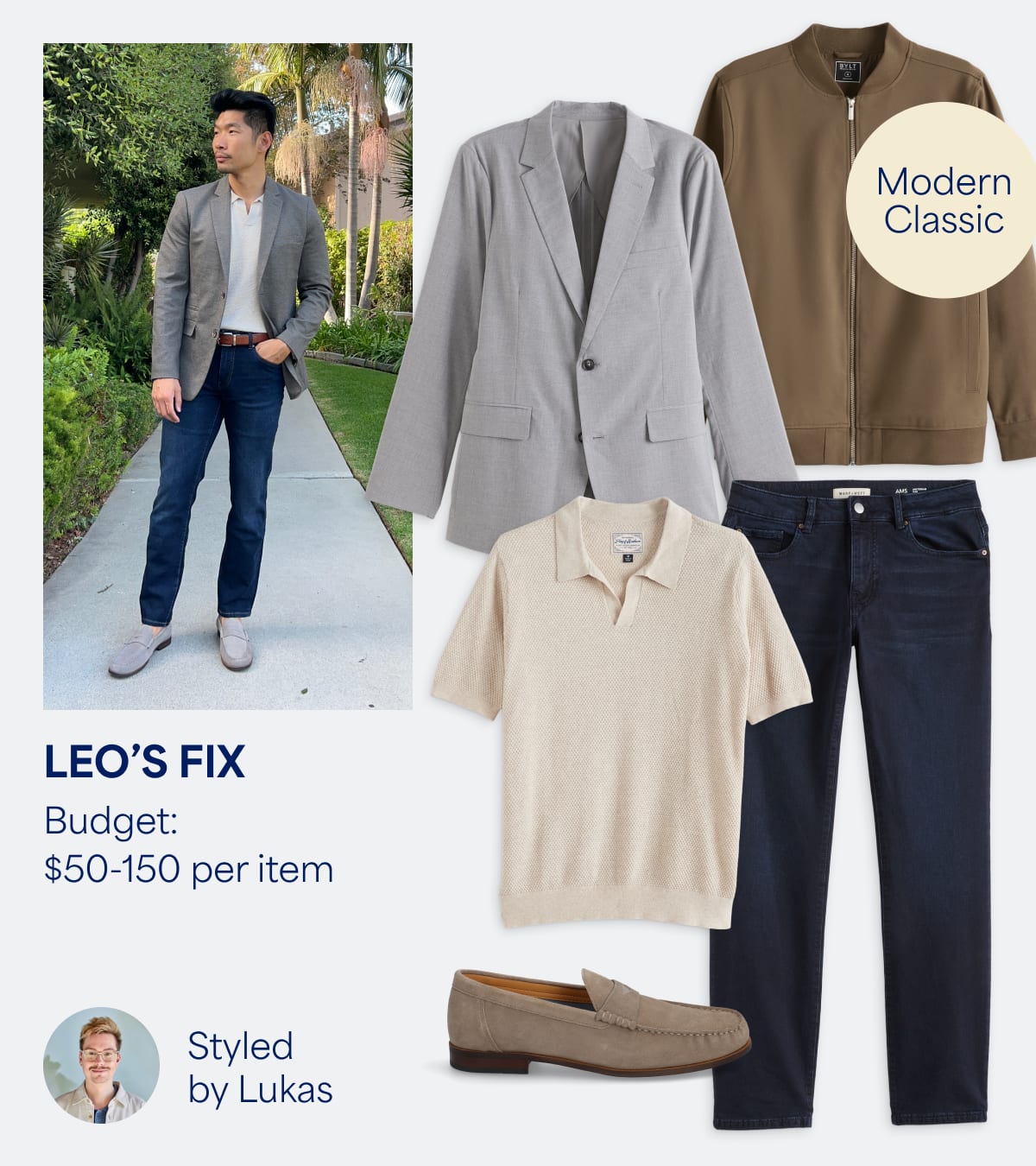 Leo's Fix: Men’s Stitch Fix clothes including suit jacket, bomber jacket, stretch jeans, sweater polo, dress shoes. Modern classic. Styled by Lukas. 