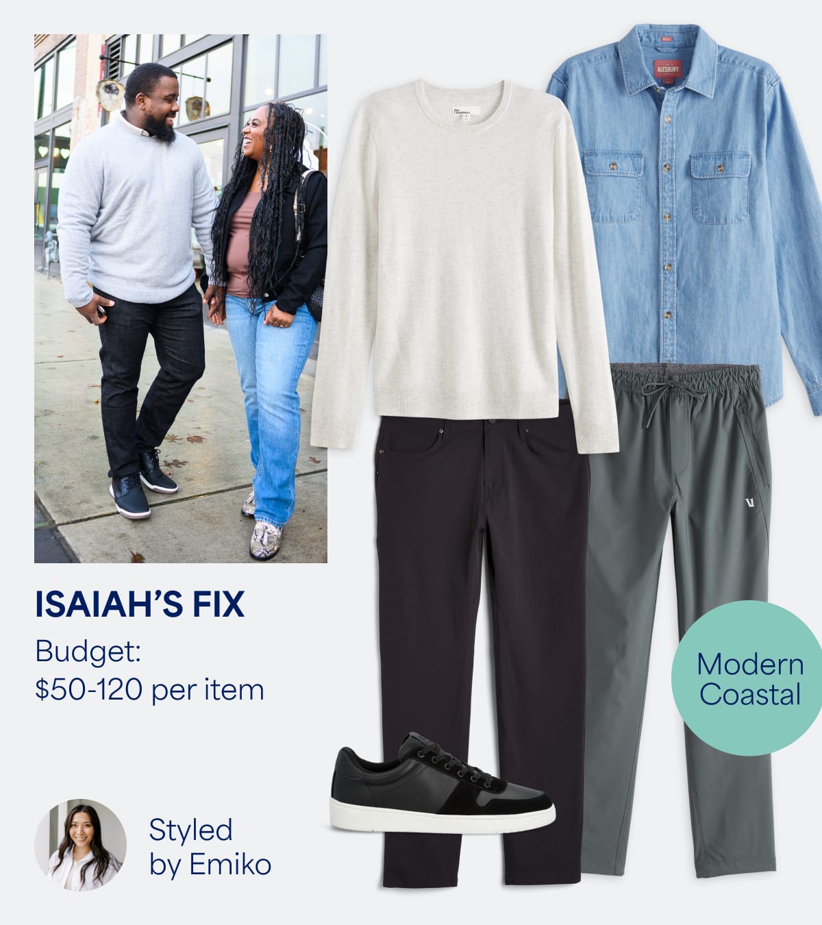 Isaiah's Fix: Men’s Stitch Fix clothes including button-down denim shirt, black jeans, commuter pants, black sneakers and henley. Modern coastal. Styled by Emiko.