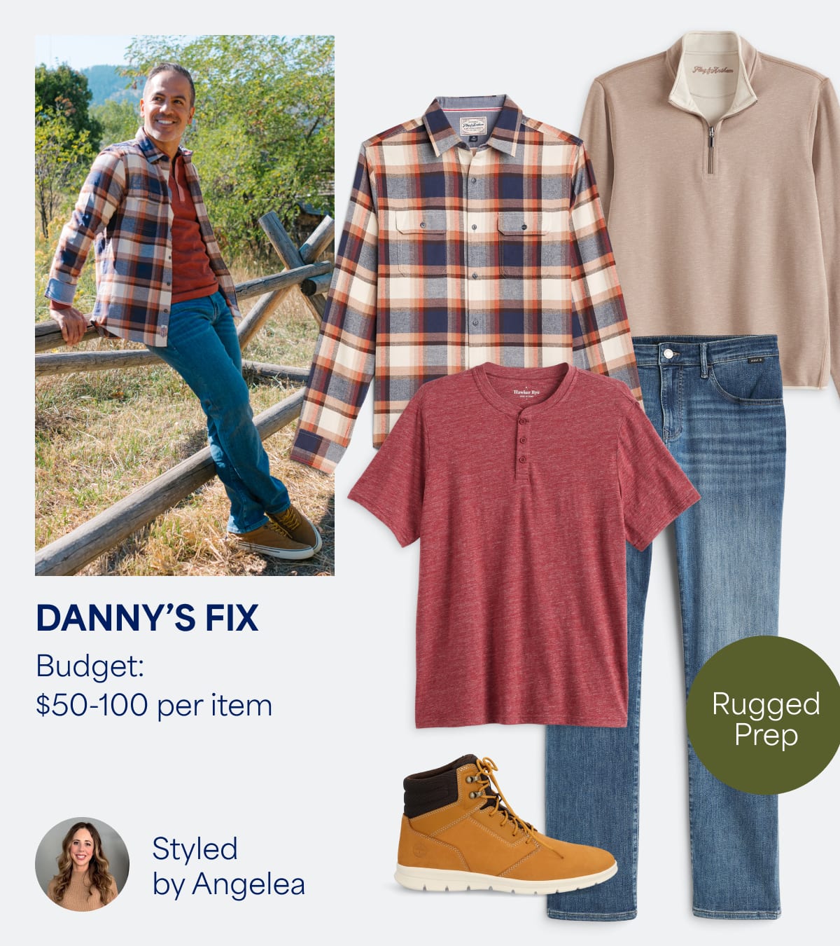 Danny's Fix: Men’s Stitch Fix clothes including flannel, red shirt, medium-wash jeans, quarter-zip and boots. Rugged prep. Styled by Angelea. 