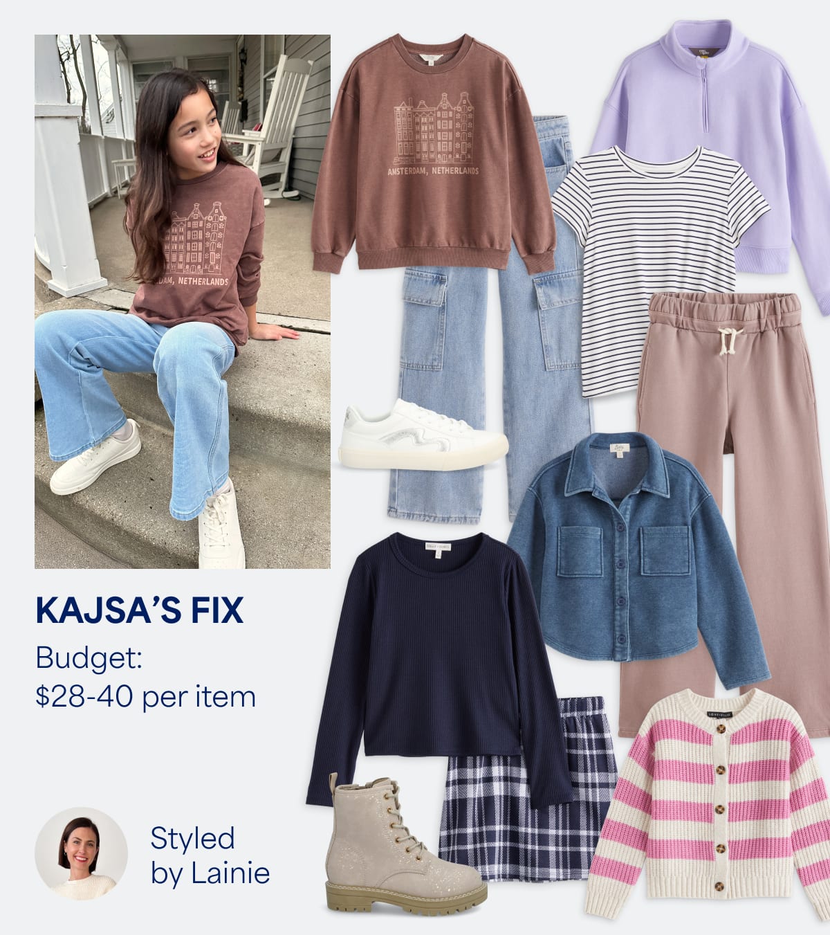 Kajsa's Fix: kids Stitch Fix clothes including brown crewneck sweatshirt, purple quarter-zip, denim button-up, lace-up boots, sweats, cargo jeans. Styled by Lainie. 