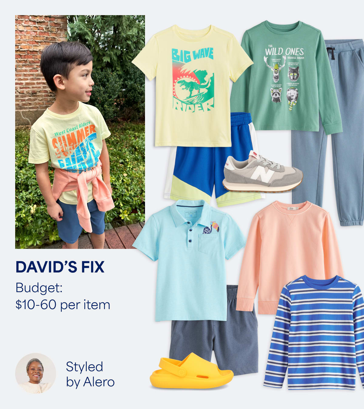 David's Fix: kids Stitch Fix clothes including graphic tees, blue sweatpants, athletic shorts, striped long-sleeve tee, yellow sandals, sneakers. Styled by Alero.