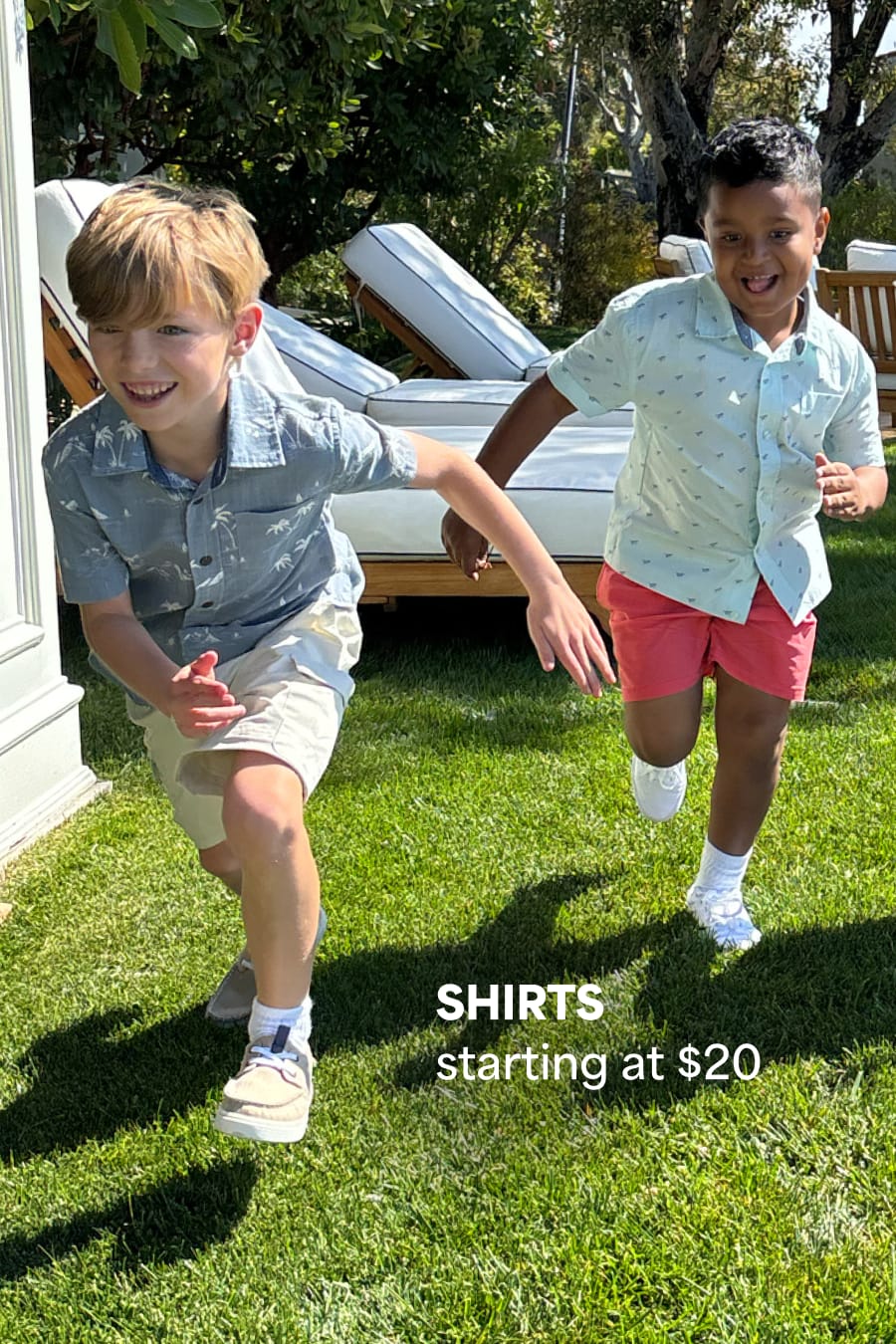 Models wearing Stitch Fix kids clothes including collared shirts, shorts and sneakers. Text reads: SHIRTS starting at $20.