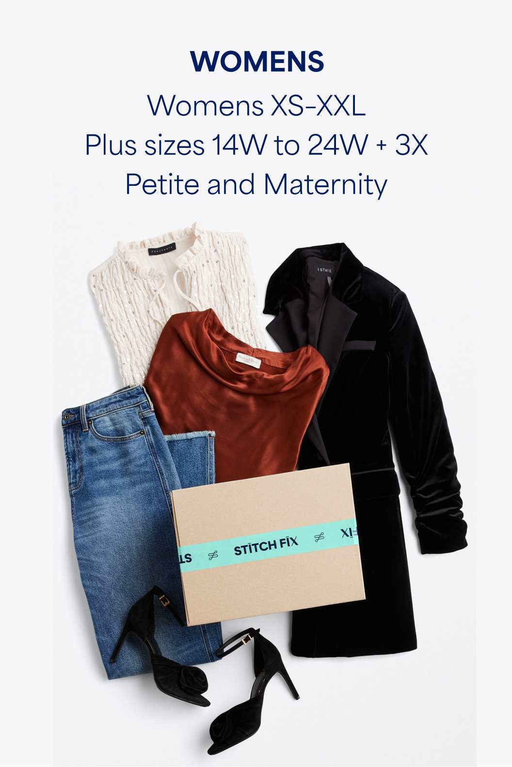 Stitch Fix women’s clothes including black jacket, red sweater and black heels.
