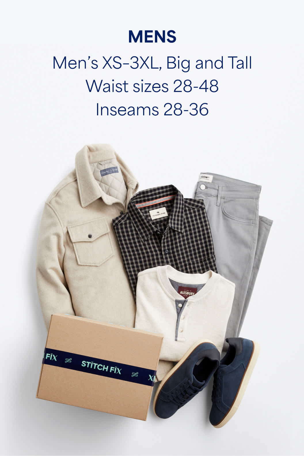 Stitch Fix men’s clothes including beige jacket, gray jeans and Oxford shoes.