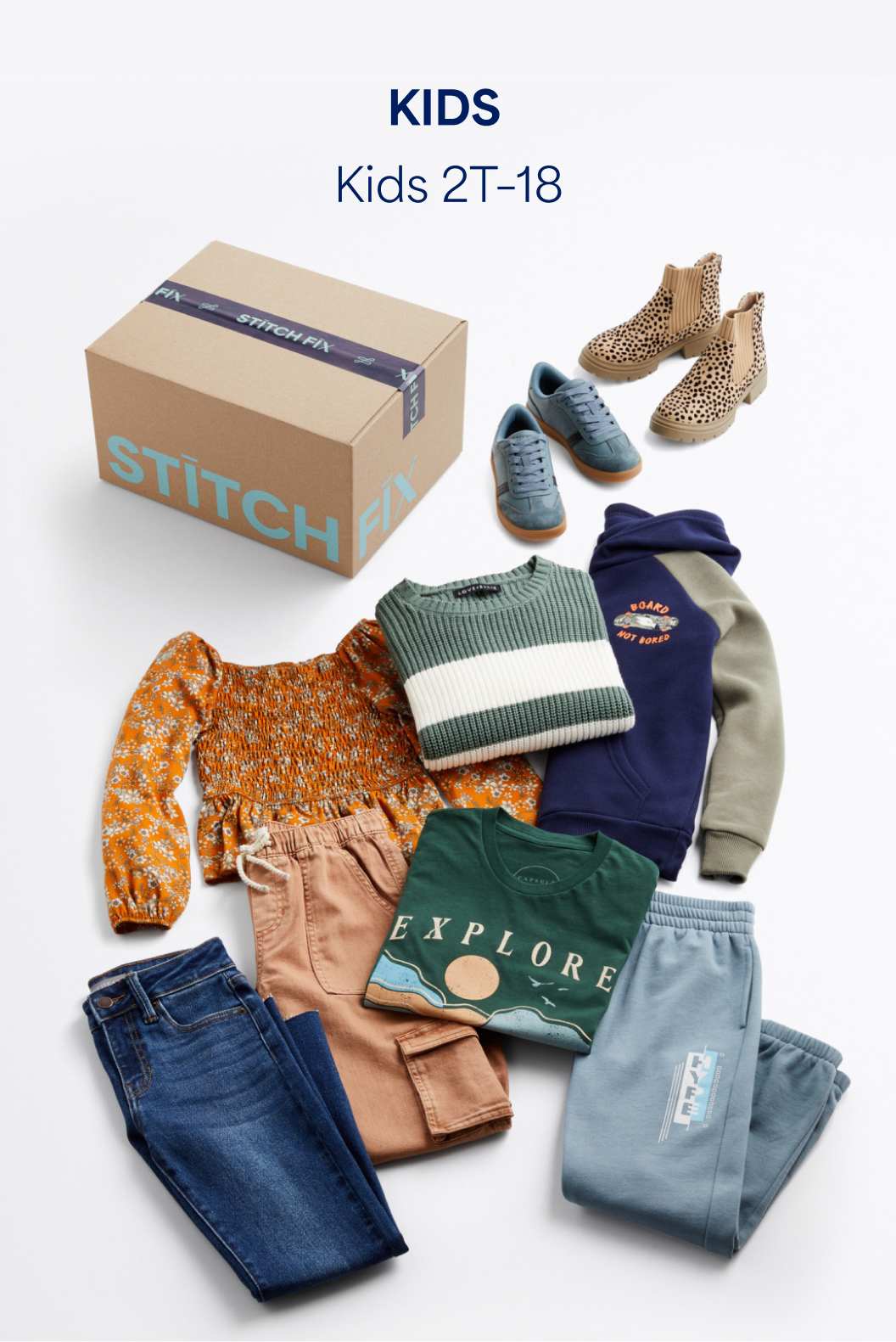 Stitch Fix kid’s clothes including jacket, light wash jeans, gray sweats, sneakers and boots.