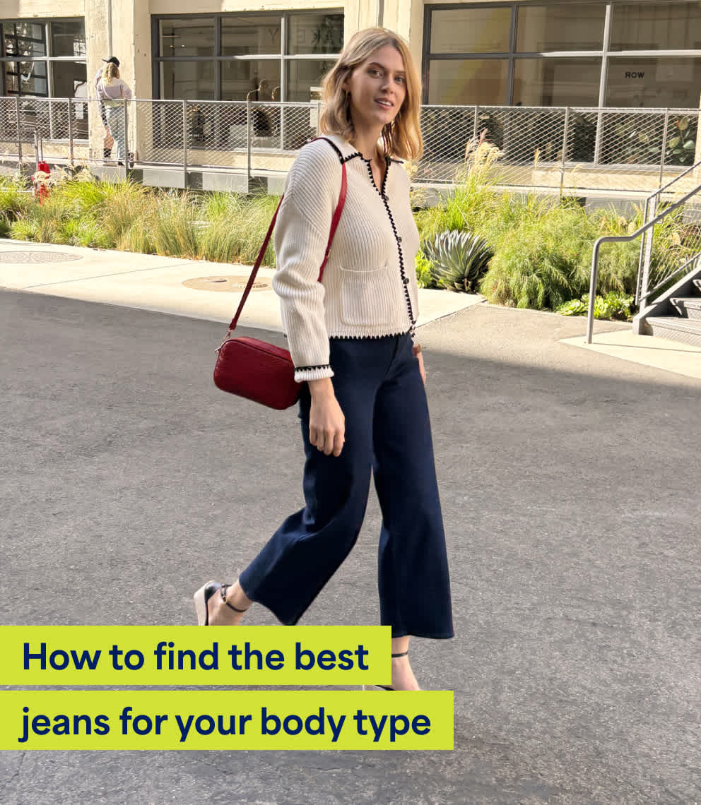 Model wearing Stitch Fix women’s clothing including wide-leg jeans, red crossbody purse and white sweater. Text reads: How to find the best jeans for your body type. 