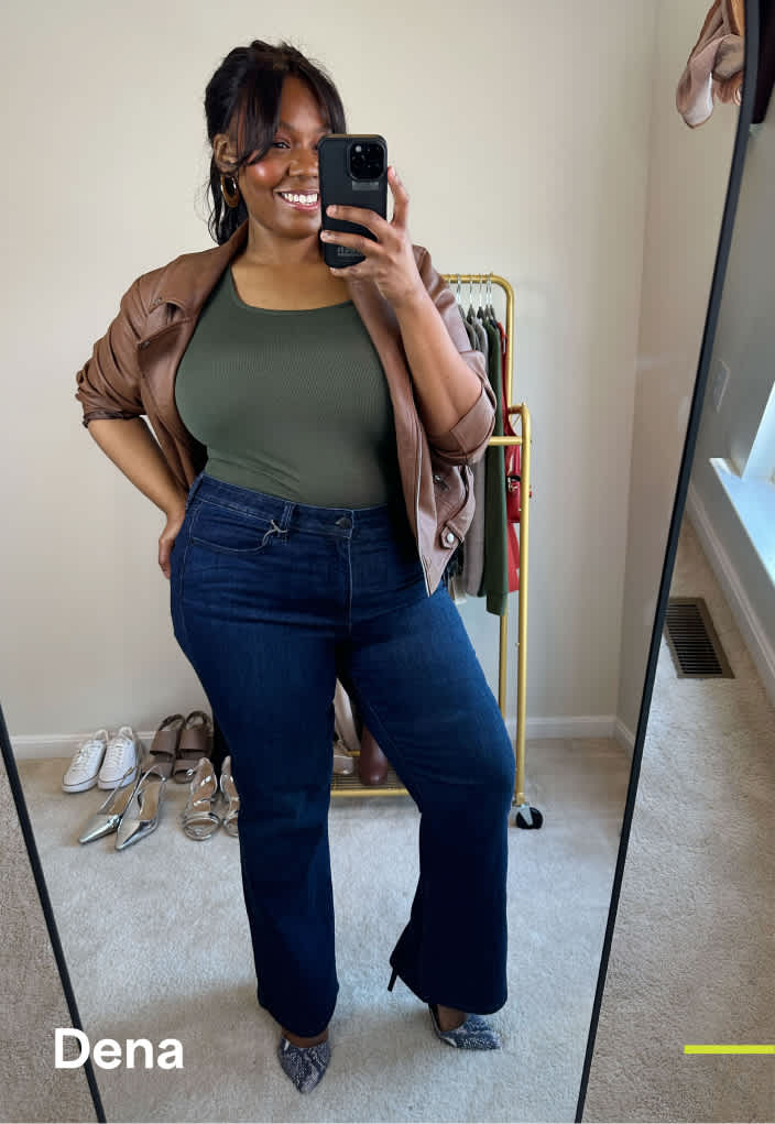 Person wearing Stitch Fix women’s clothing: leather jacket, dark-wash jeans, green tee. Text reads: Dena.