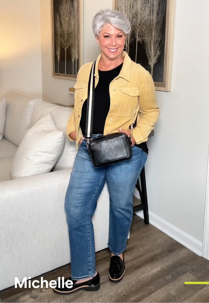 Person wearing Stitch Fix women’s clothing: yellow jacket, dark-wash jeans, black tee. Text reads: Michelle.
