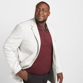 Men’s athleisure clothing including men’s hoodies in burgundy, blue and grey, shirts and pants.