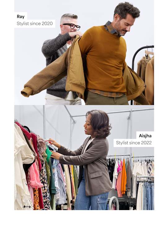 Models wearing Stitch Fix mens clothing including tan sweater, brown zip-up jacket and olive pants. Stylist wearing Stitch Fix women’s clothing including a brown blazer. Text reads: Aisjha, Stylist since 2022.
