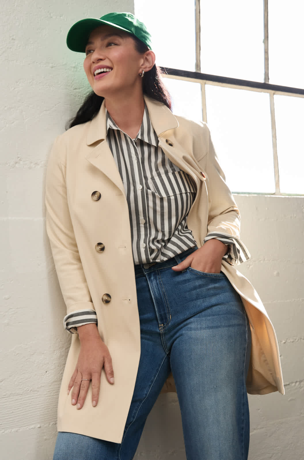 Model wearing Stitch Fix women’s clothes including light-wash denim jacket, jean skirt and white tee. Text reads: WOMEN.
