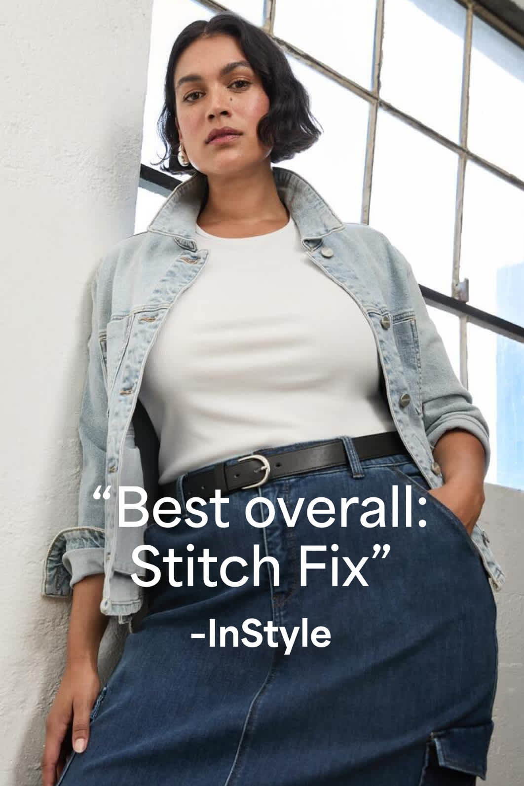 Model wearing Stitch Fix women’s clothes including light-wash denim jacket, jean skirt and white tee. Text reads: Best overall: Stitch Fix - InStyle. 
