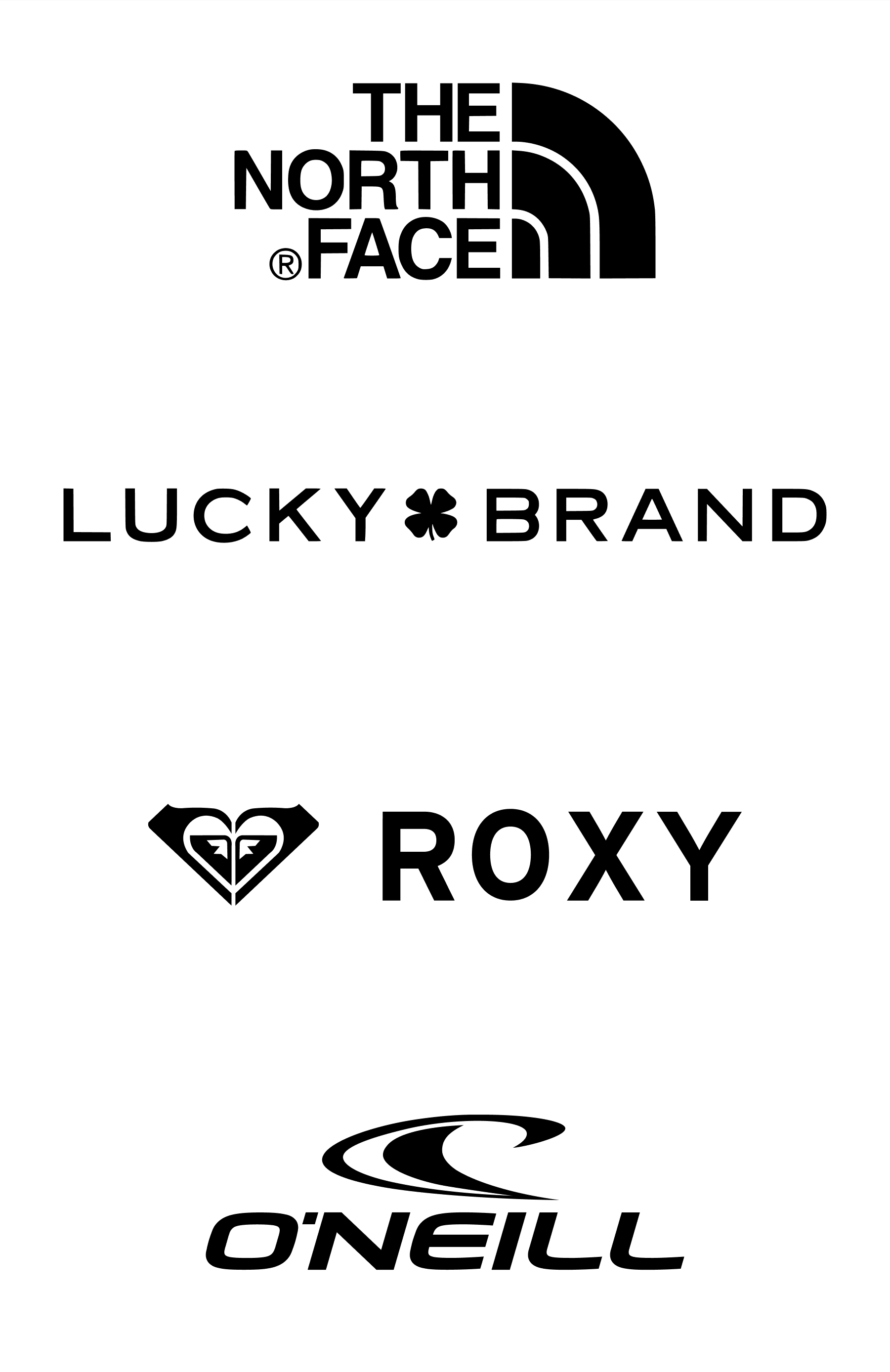 The North Face, Lucky Brand, Roxy, and O'Neill logos.