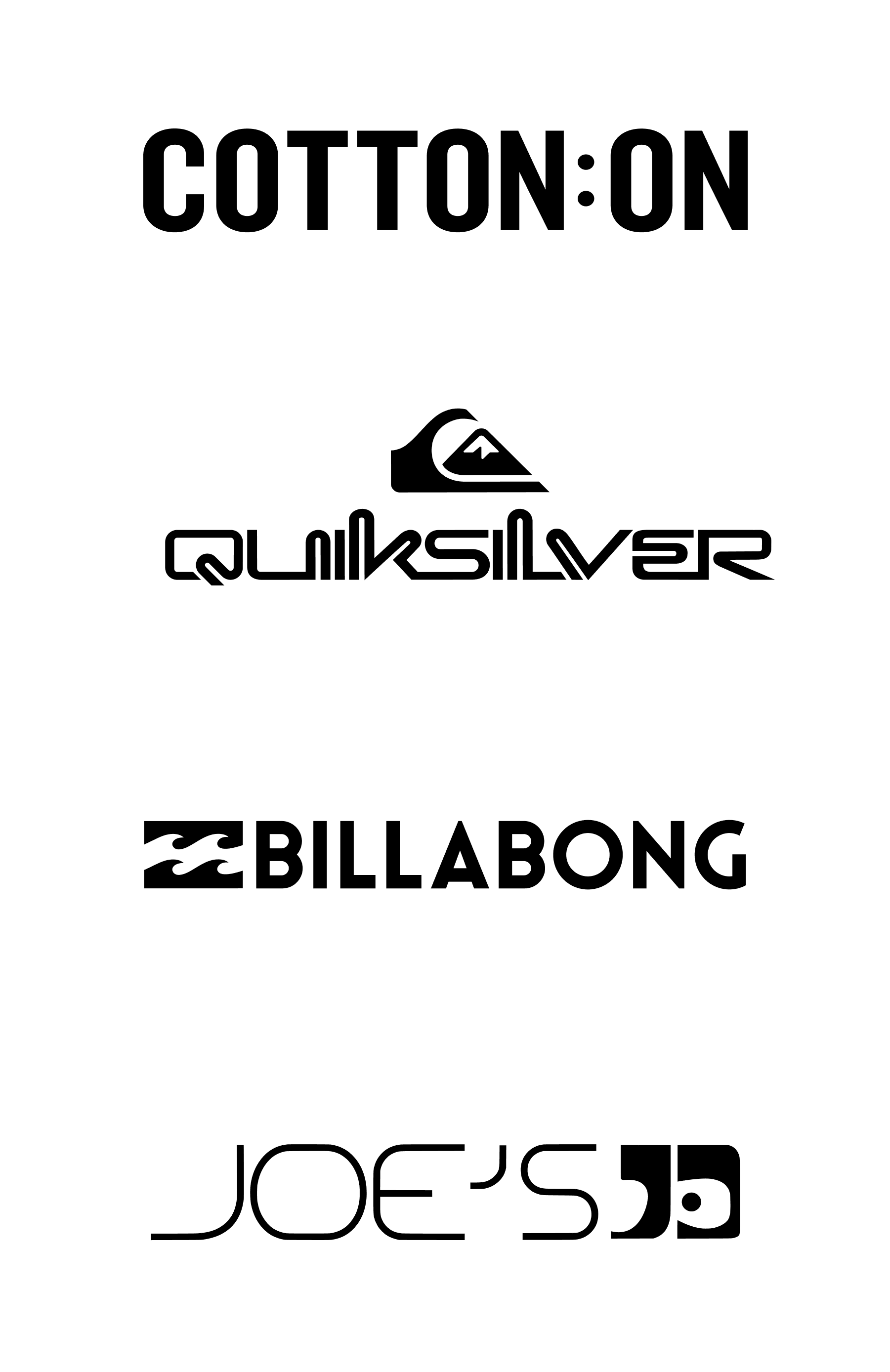 Cotton On, Quicksilver, Billabong, and Joe's Jeans logos.