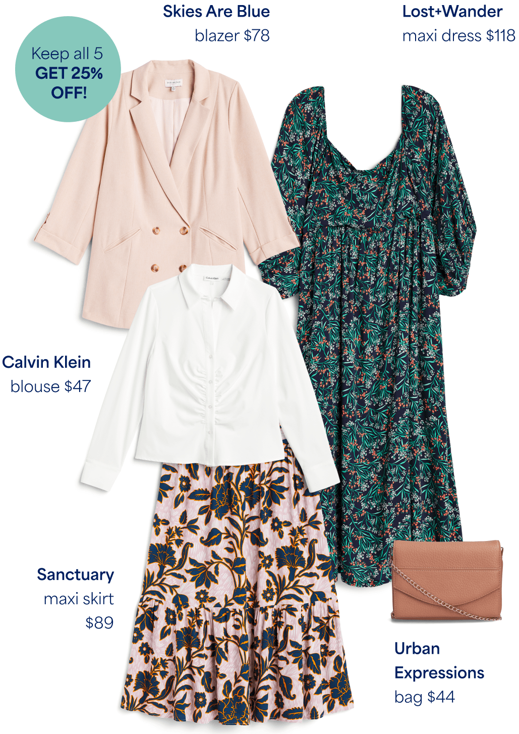 Stitch Fix womens clothing including Skies are Blue pink blazer, Lost + Wander green maxi dress, Calvin Klein white button-down and floral Sanctuary skirt. Stamp says: Keep all 5, get 25% off!