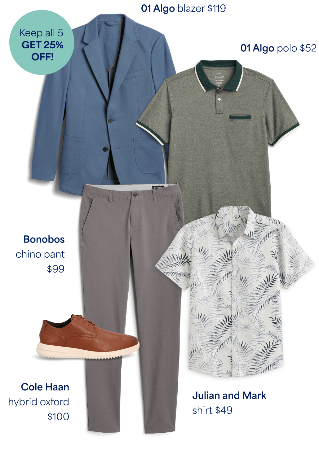 Stitch Fix mens clothing including 01 Algo blue blazer, green polo, Bonobos chinos and Cole Haan hybrid oxford shoes. Stamp says: Keep all 5, get 25% off!