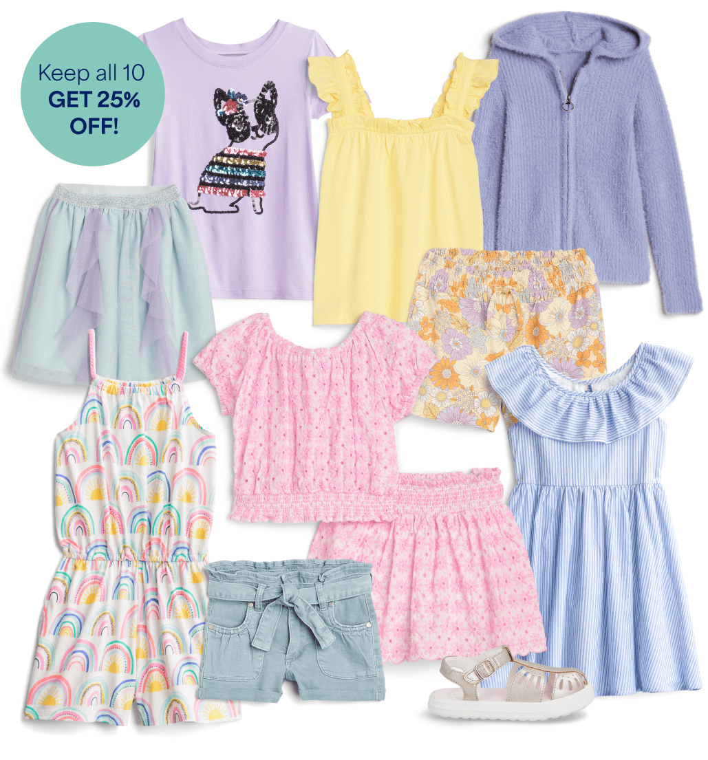 Stitch Fix kids clothing including rainbow romper, purple zip-up hoodie and green tie front shorts. Stamp says: Keep all 10, get 25% off!